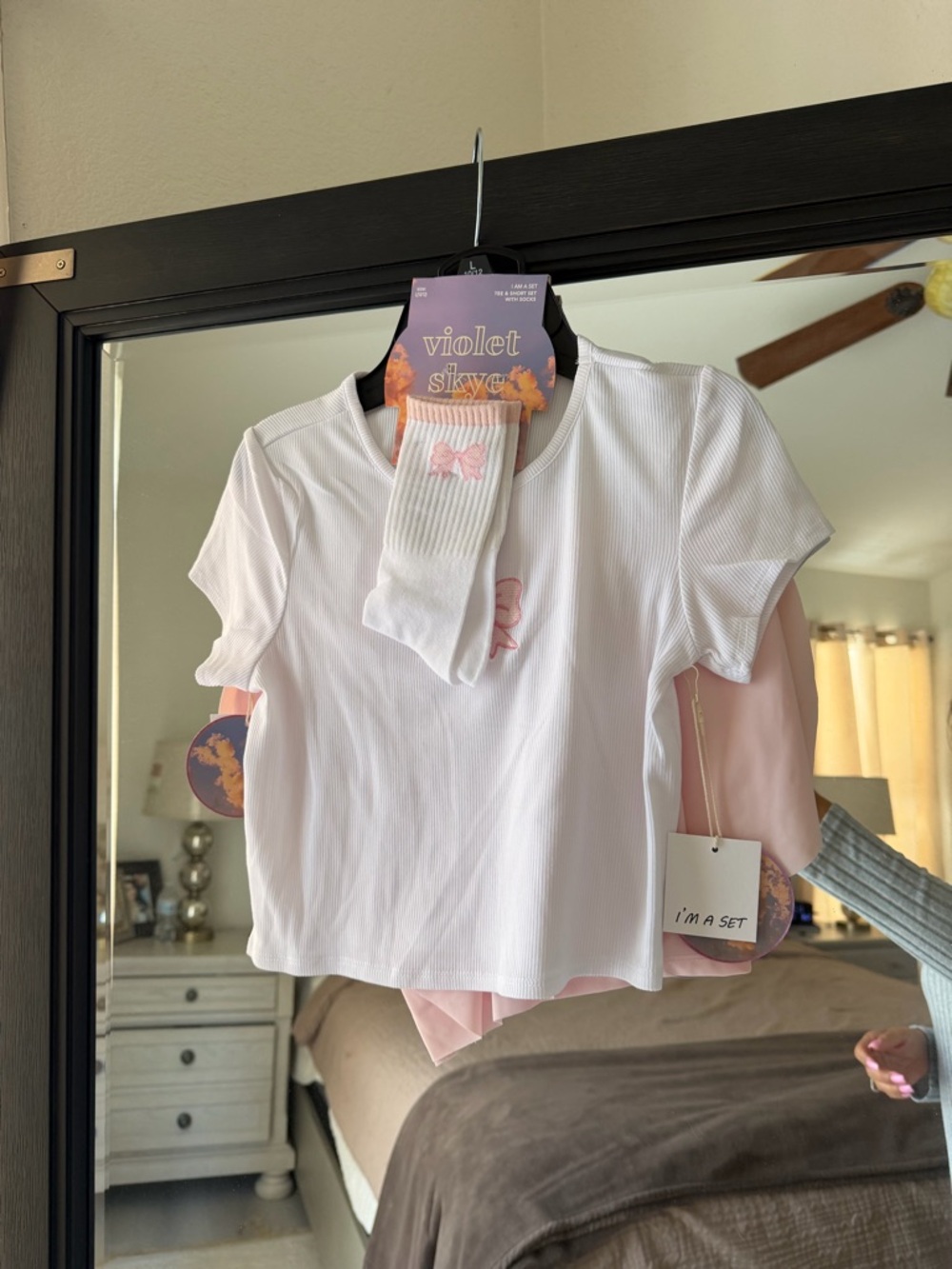 Girls Violet Kay White & Pink Kids Ribbed Tee and Shorts Set with Bow Socks